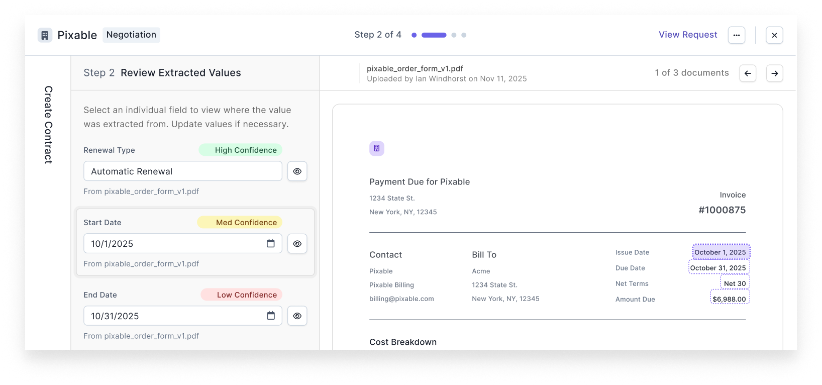 Screenshot of UI with AI confidence levels next to field values